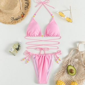 Pink Swimsuit bikini Sexy pink beaded Temperament Beachwear Split Swim